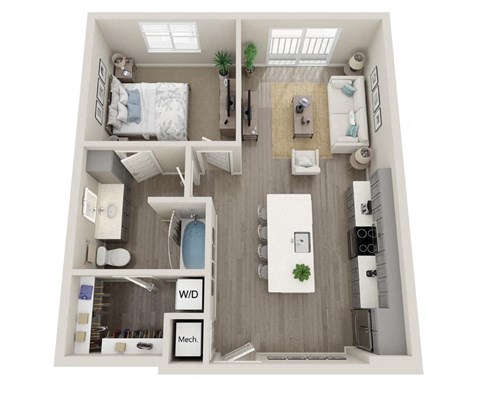 Floor plan for 1 bed, 1 bath, 707 sqft